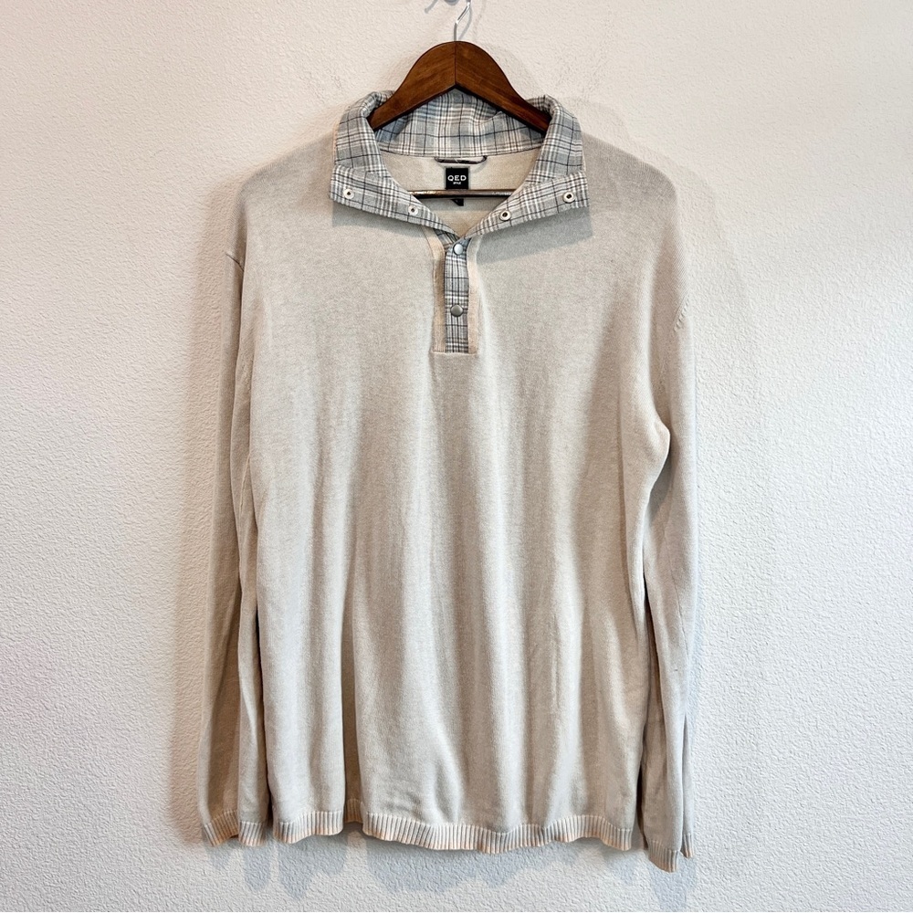 QED Style Men’s Sweater Large Beige Plaid Collar Preppy Academia Cotton Cashmere